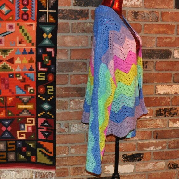 Davi & Dani Rainbow Zig-Zag Stripe Knit Open Cardigan Bell Sleeve L - Picture 3 of 8